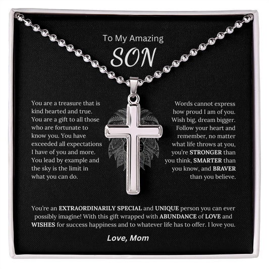 My Amazing Son | Stronger Smarter Braver | Stainless Cross Necklace with Ball Chain